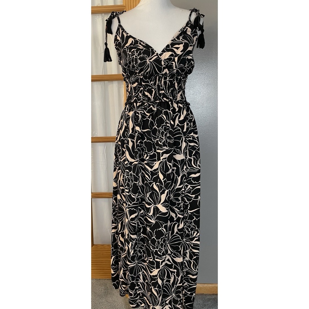 Patrons Of Peace Floral Maxi Dress S Black Peach Tassels Slit Boho Beach Cottage